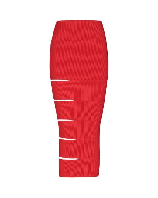 Balmain Red Long Knit Skirt With Cut-Outs