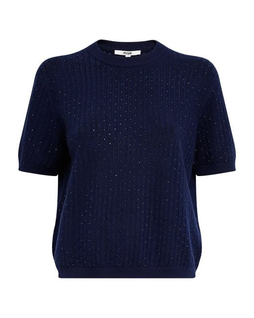 Maje Blue Wool-Blend Embellished Sweater