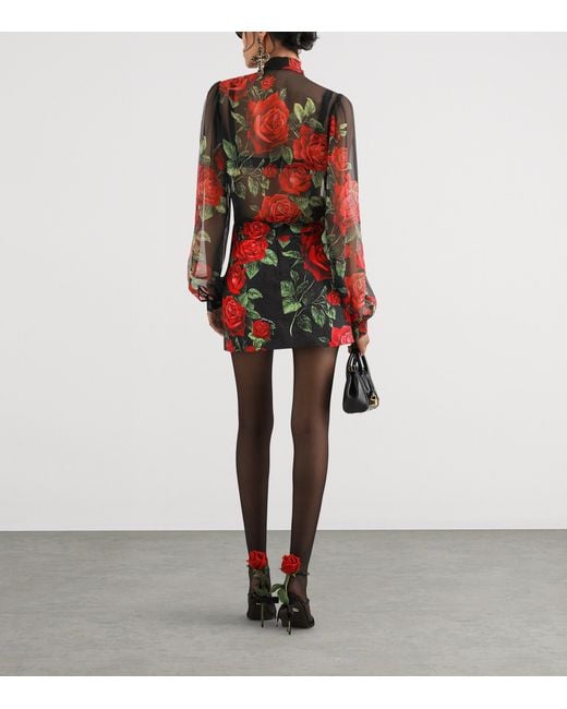 Dolce & Gabbana Brown Silk Rose-Print Pussybow Shirt