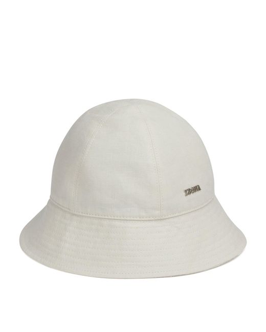 Zegna White Oasi Linen Logo Bucket Hat for men