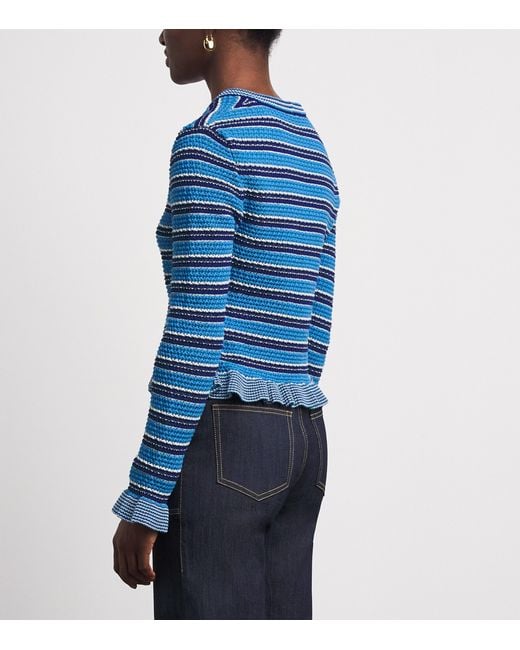 Ganni Blue Cotton Stripe Cropped Cardigan