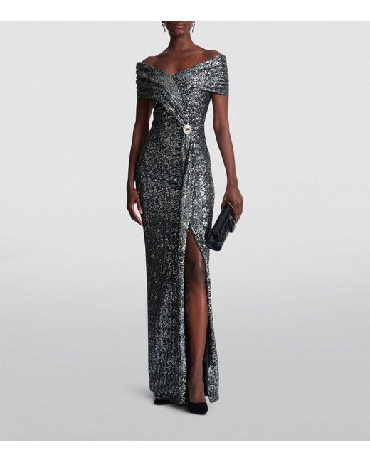 Balmain Black Off-the-shoulder Sequin-embellished Gown