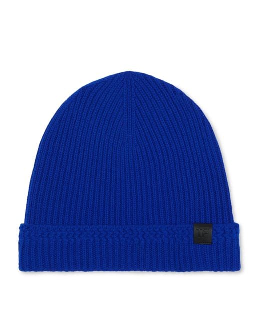 Tom Ford Blue Cashmere Logo Beanie for men