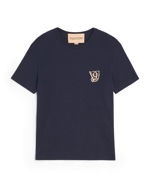 Valentino Garavani Blue Cotton Vg Embroidery T-Shirt for men