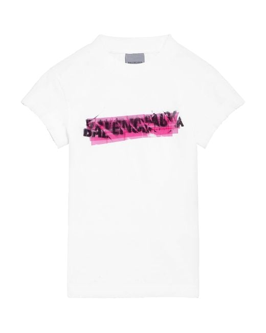 Balenciaga White Cotton Spray-Logo Chopped T-Shirt