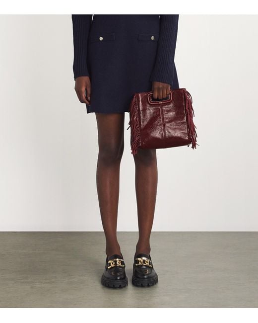 Maje Red Cracked Leather Fringed M Bag