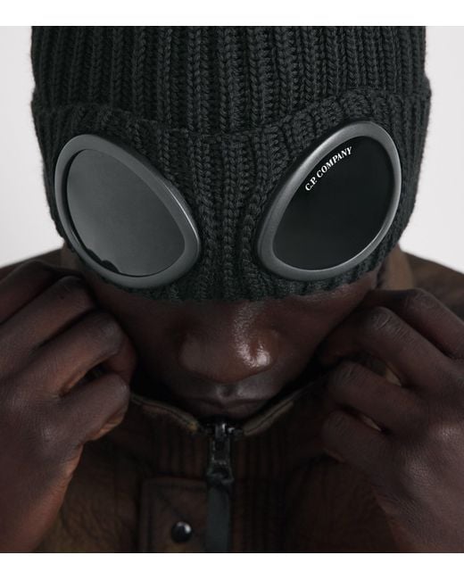 C P Company Black Wool Goggle Beanie for men