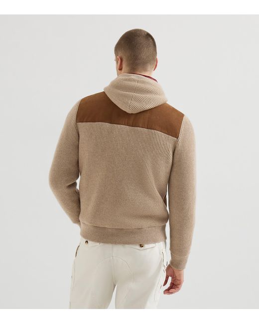 Brunello Cucinelli Brown Ribbed Suede-Panel Hooded Jacket for men