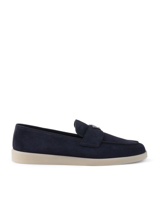 Prada Blue Suede Triangle Loafers for men