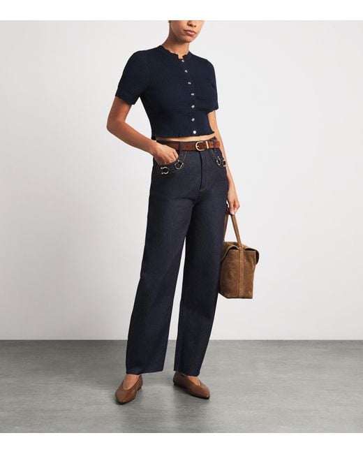 Sandro Blue Rib-Knit Cropped Cardigan