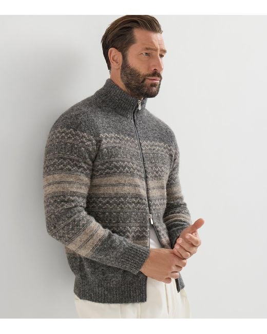 Brunello Cucinelli Gray Jacquard High-Neck Zip Cardigan for men