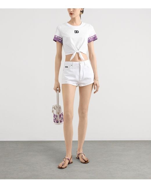 Dolce & Gabbana White Cotton Tie-Front Cropped T-Shirt