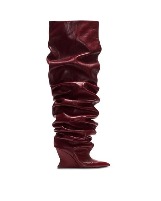 Balmain Red Leather Wedge Over-The-Knee Boots 95
