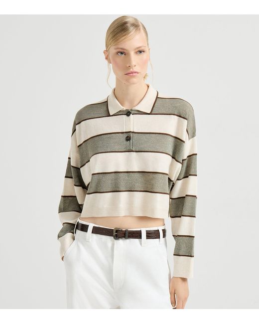 Brunello Cucinelli White Stripe Cropped Polo Sweater