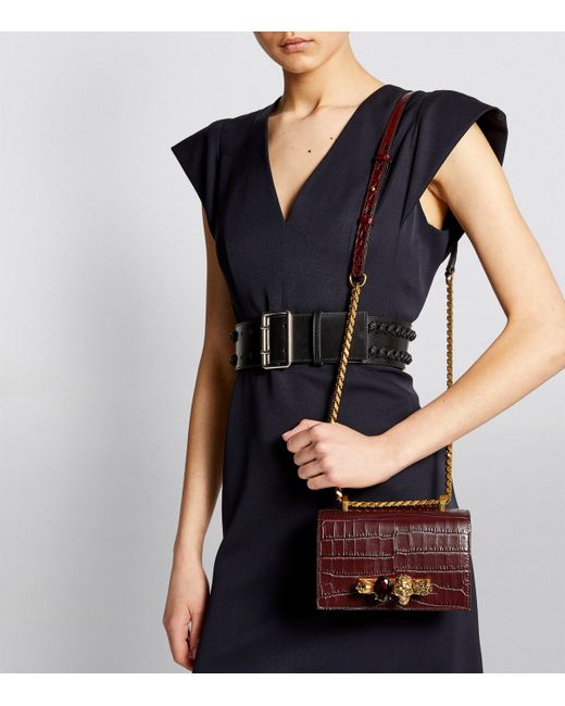 Alexander McQueen Red Medium Croc-Embossed Jewelled Satchel Bag