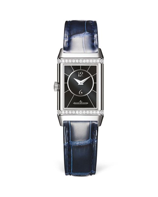 Jaeger-lecoultre Blue Small Stainless Steel And Diamond Reverso Classic Duetto Watch 21mm