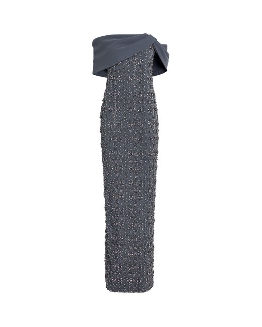 Pamella Roland Blue Embellished Off-The-Shoulder Gown