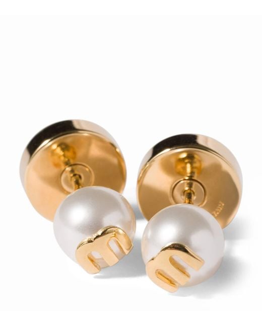 Miu Miu Metallic Faux Pearl Logo Stud Earrings