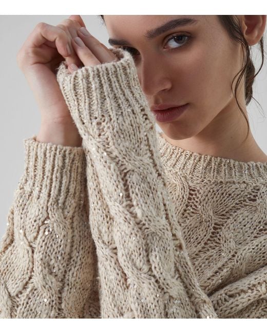 Brunello Cucinelli Silk-blend Cable-knit Sweater in Natural | Lyst