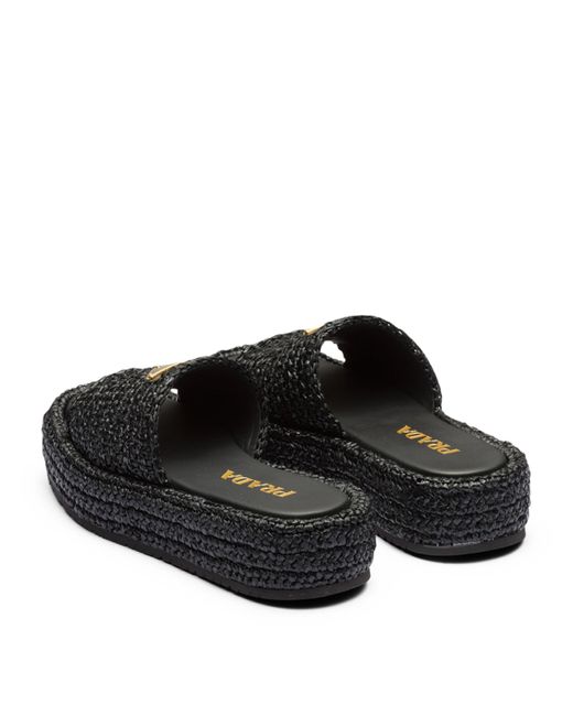 Prada Black Crocheted Raffia-effect Flatform Slides