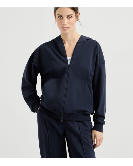 Brunello Cucinelli Blue Stretch-Cotton Embellished Hoodie