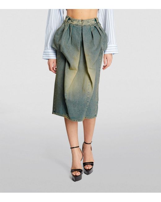 MM6 by Maison Martin Margiela Green Denim Pleated Midi Skirt