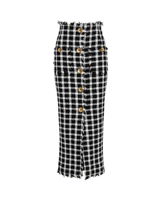 Balmain Black Gingham Tweed Long Skirt