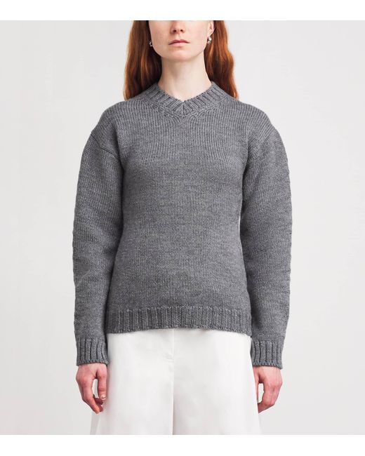 Jil Sander Gray Wool V-Neck Sweater