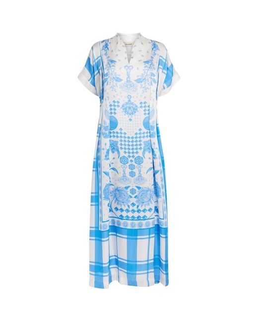 VERANDAH Blue Printed Gingham Kaftan Maxi Dress