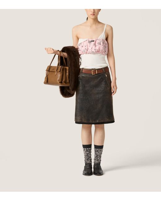 Miu Miu Black Distressed Leather Midi Skirt