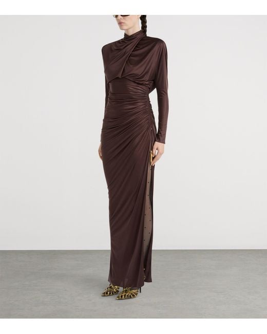 Balmain Brown Draped Long-Sleeve Maxi Dress