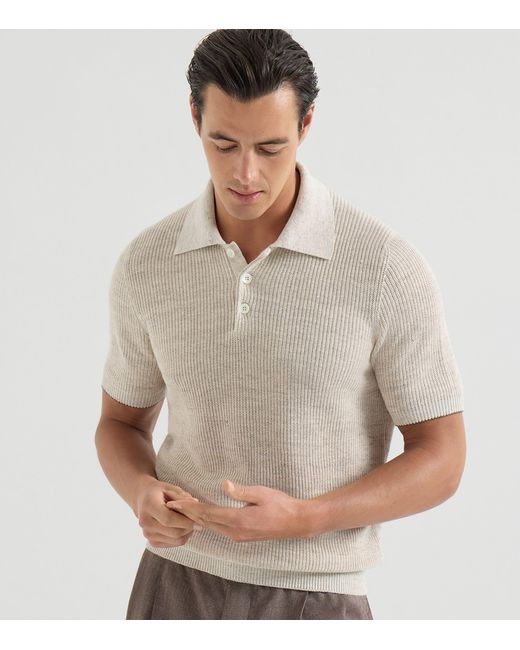 Brunello Cucinelli White Linen-Cotton Knitted Polo Sweater for men