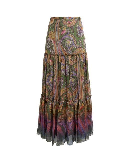 Etro Green Silk Paisley Tiered Maxi Skirt