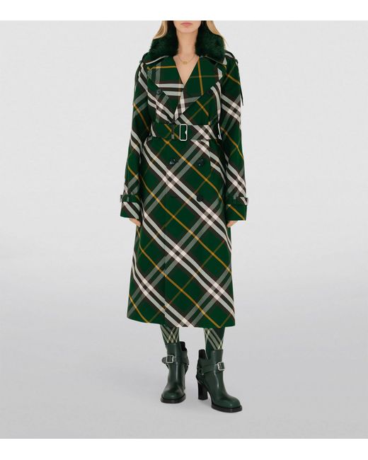 Burberry Green Check Print Long Trench Coat