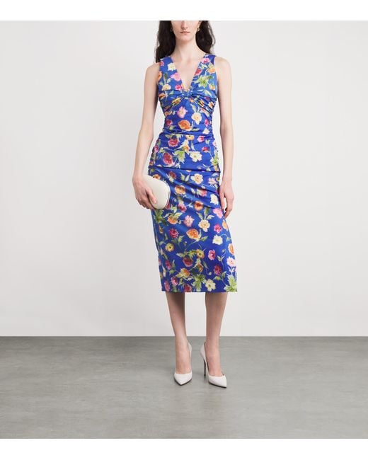 Carolina Herrera Blue Poppy Print Sleeveless Midi Dress