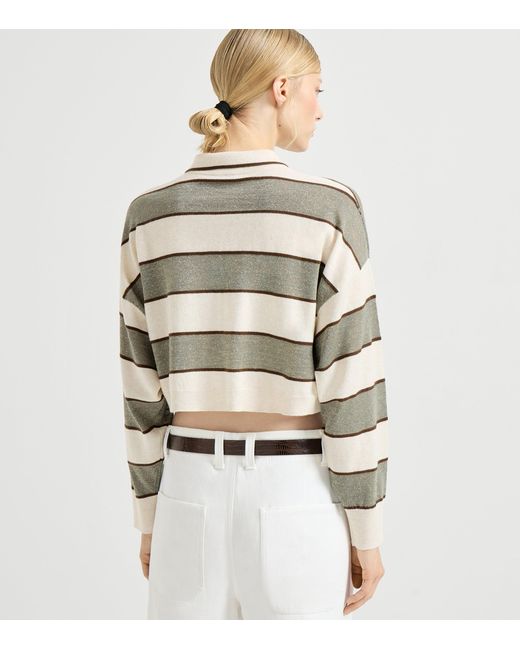 Brunello Cucinelli White Stripe Cropped Polo Sweater