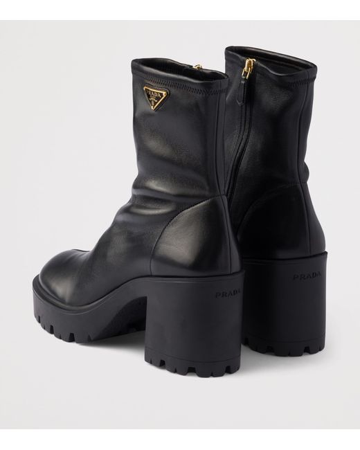 Prada Black Nappa Leather Logo Stretch Booties Ankle Boots 85