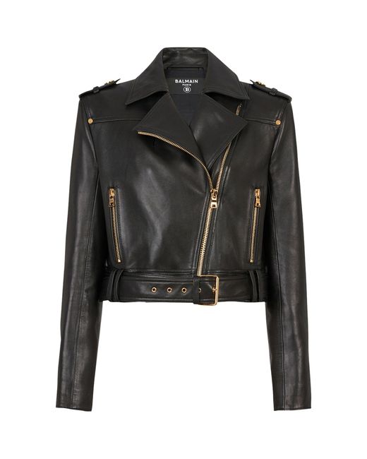Balmain Black Leather Cropped Biker Jacket