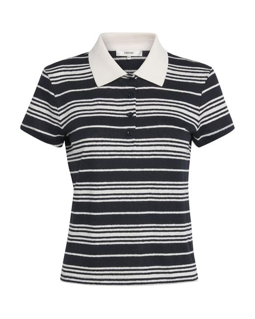 FRAME Black Linen-Blend Stripe Polo Shirt