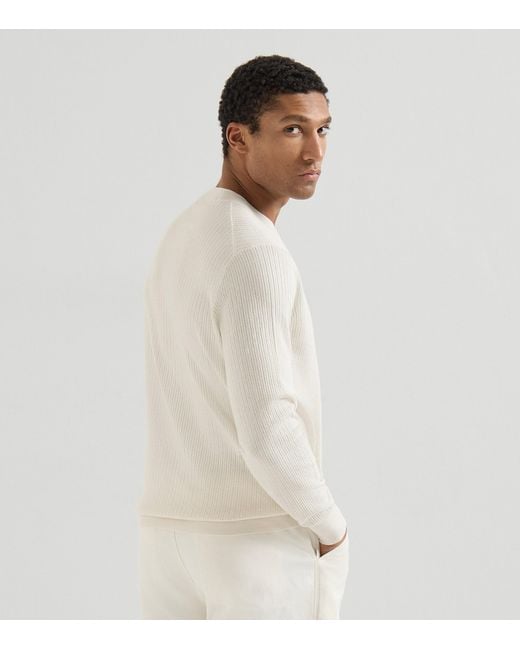 Brunello Cucinelli White Cotton Ribbed Sweater for men