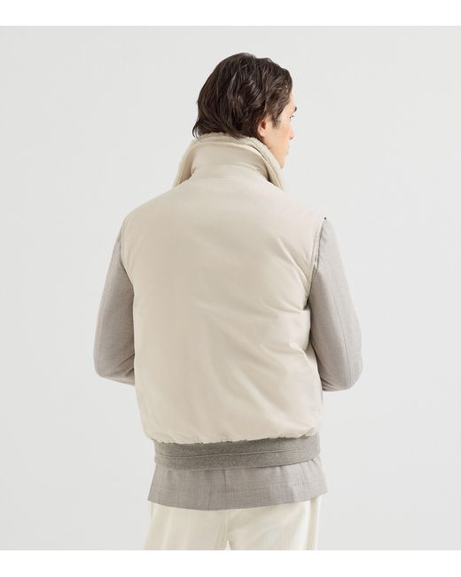 Brunello Cucinelli White Waxed Shearling-Collar Gilet for men