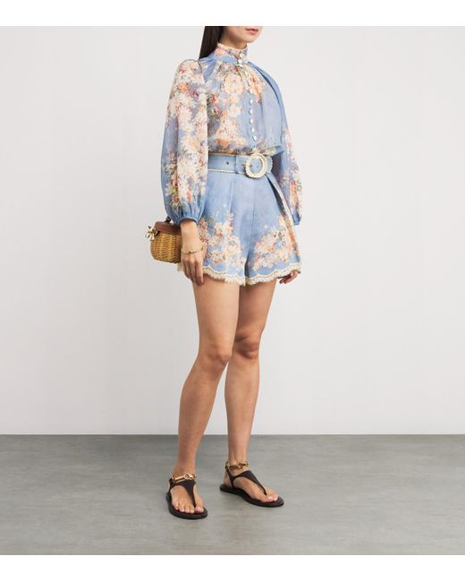 Zimmermann Linen Floral Cascadian Tuck Shorts in Blue | Lyst