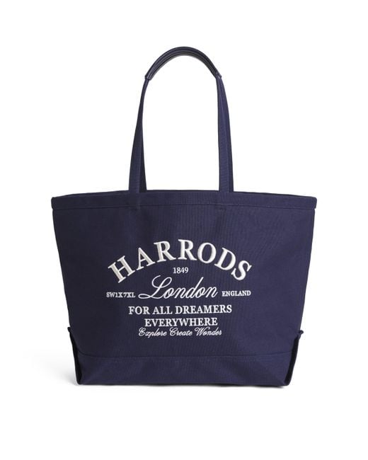 Harrods Blue Large Embroidered Logo Tote Bag