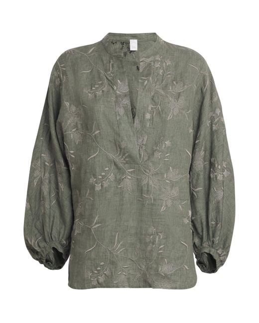 Eleventy Green X Harrods Linen Floral-Embroidered Blouse