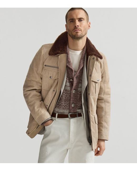 Brunello Cucinelli Brown Waxed Shearling Safari Jacket for men