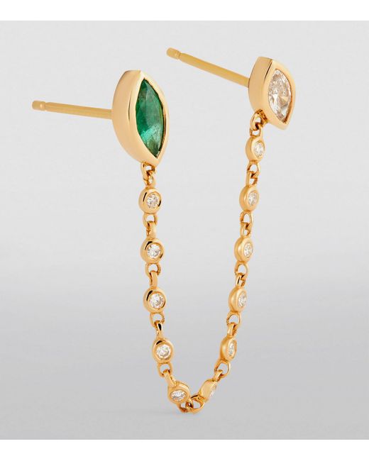 SHAY Metallic Yellow Gold, Diamond And Emerald Duo Chain Link Single Stud Earring