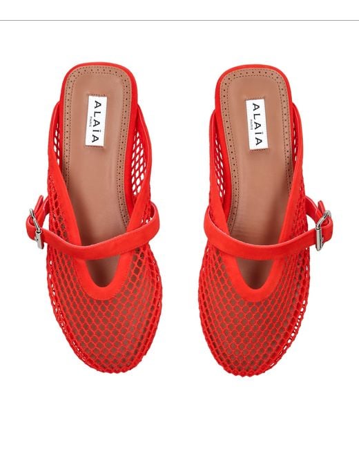 Alaïa Red Suede Fishnet Mules