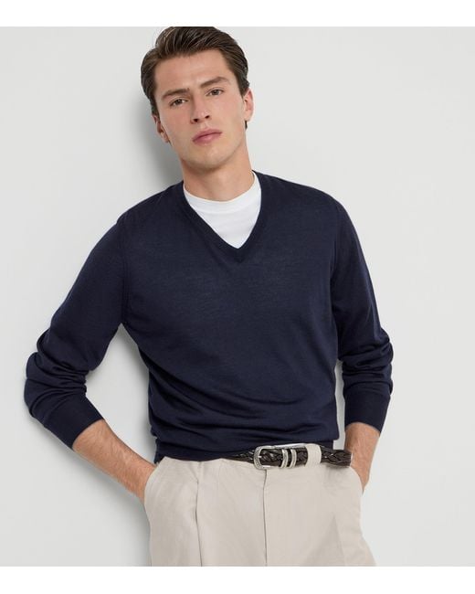 Brunello Cucinelli Blue Cashmere-Silk V-Neck Sweater for men