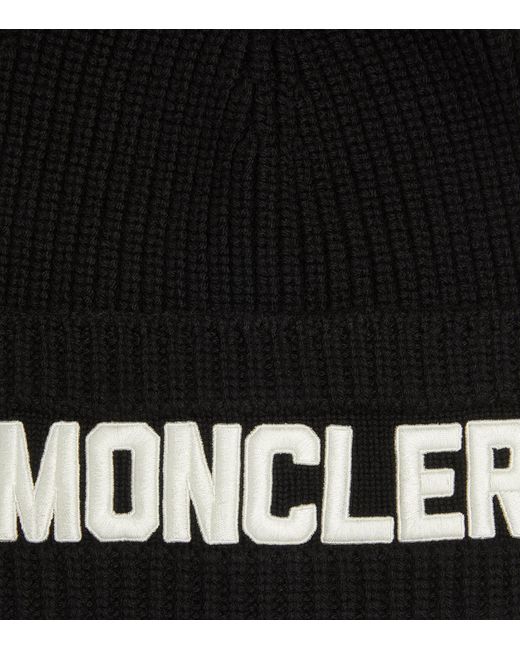Moncler Black Wool Embroidered Logo Beanie