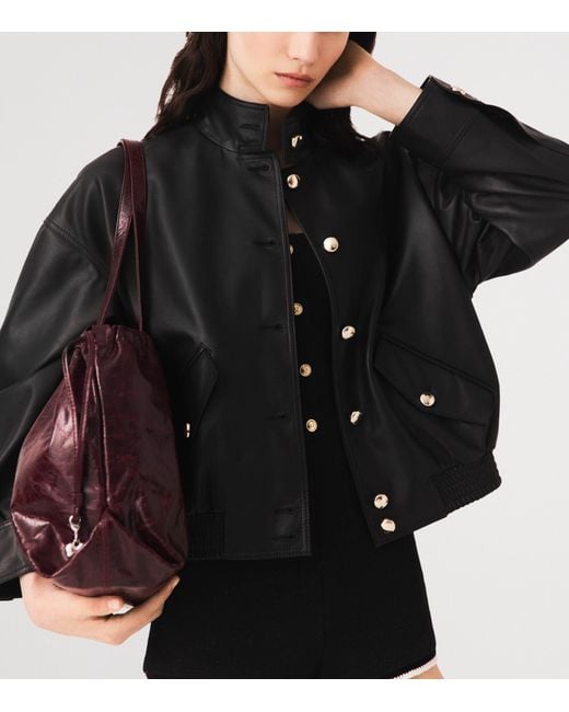 Maje Black Leather Funnel-Neck Jacket